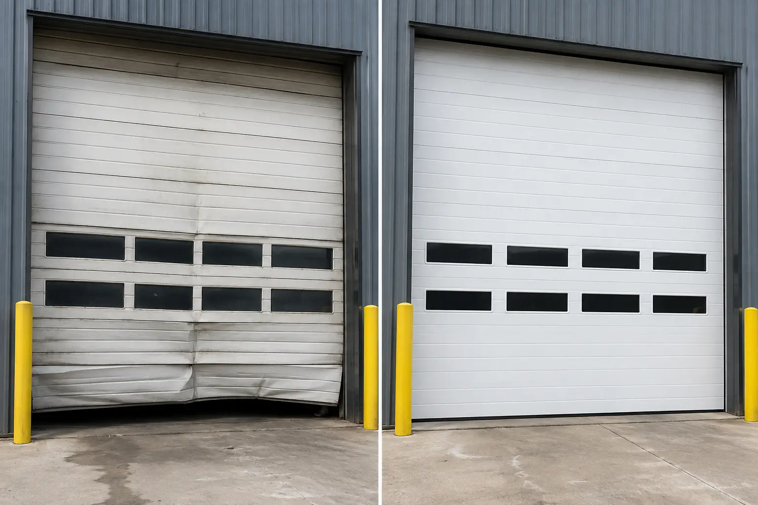 Commercial garage door before and after professional repair