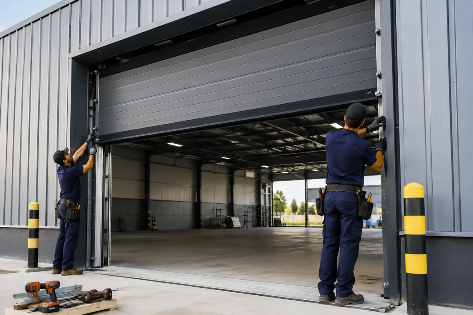 Commercial garage door installation technicians installing a sectional overhead door at an industrial warehouse