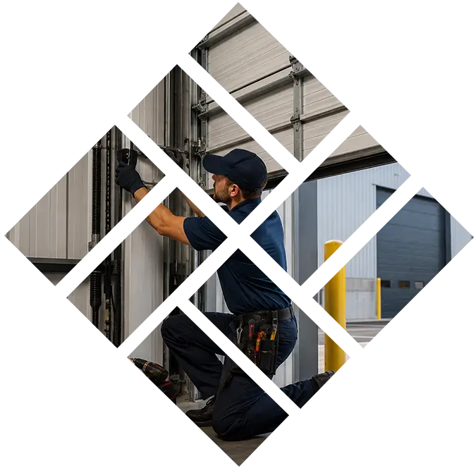 Commercial garage door repair technician servicing an industrial sectional door