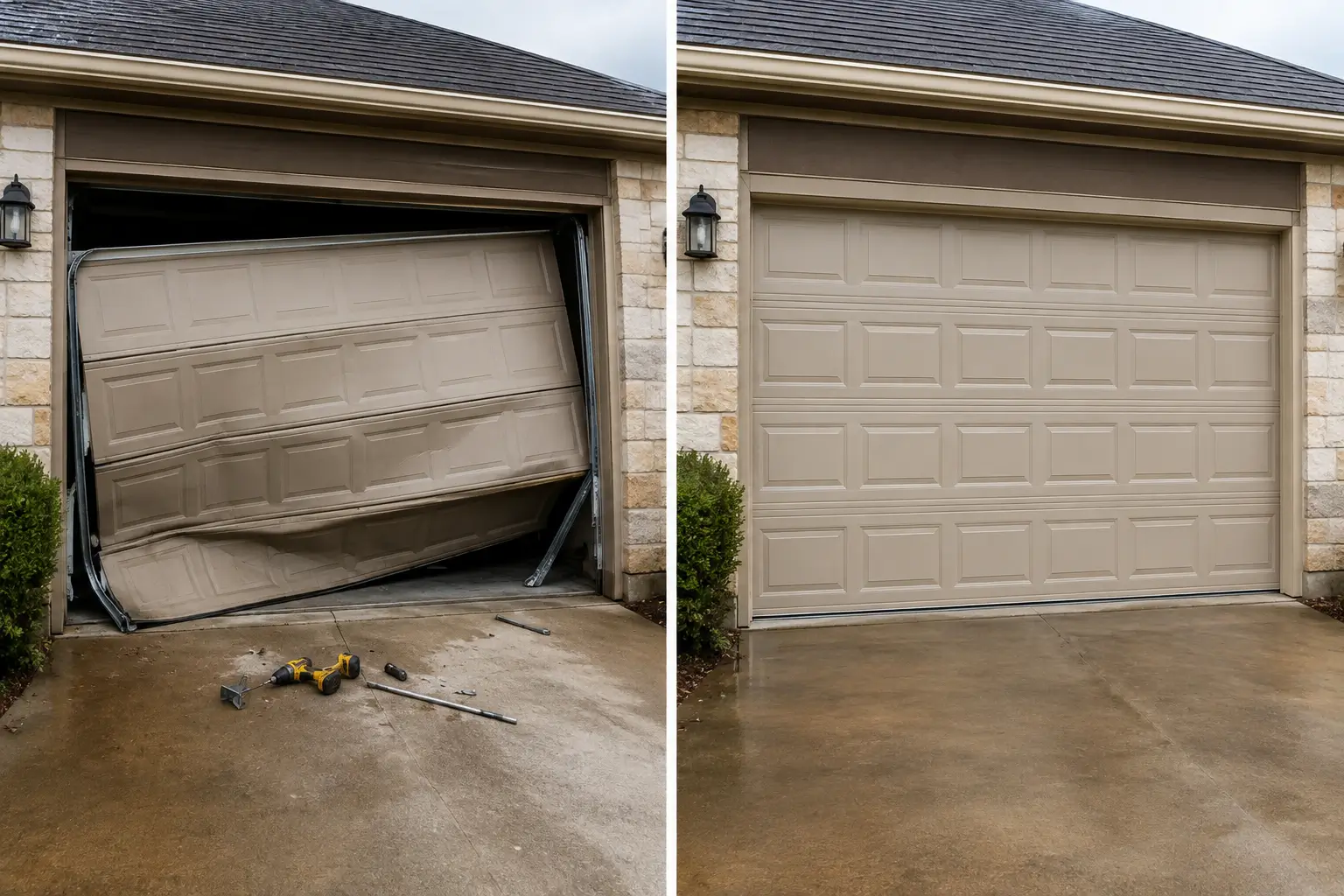 Emergency garage door before and after professional repair