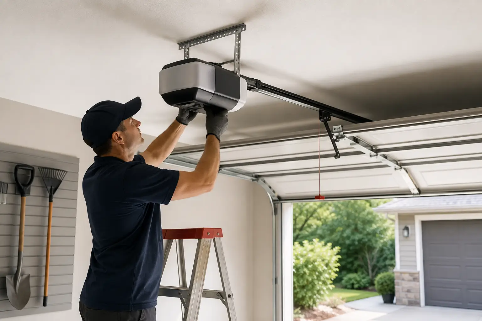 Professional technician installing a garage door opener in a residential garage