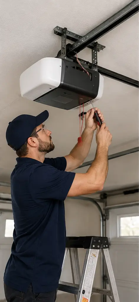 Technician repairing a garage door opener