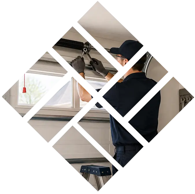 Garage door repair technician working on garage door