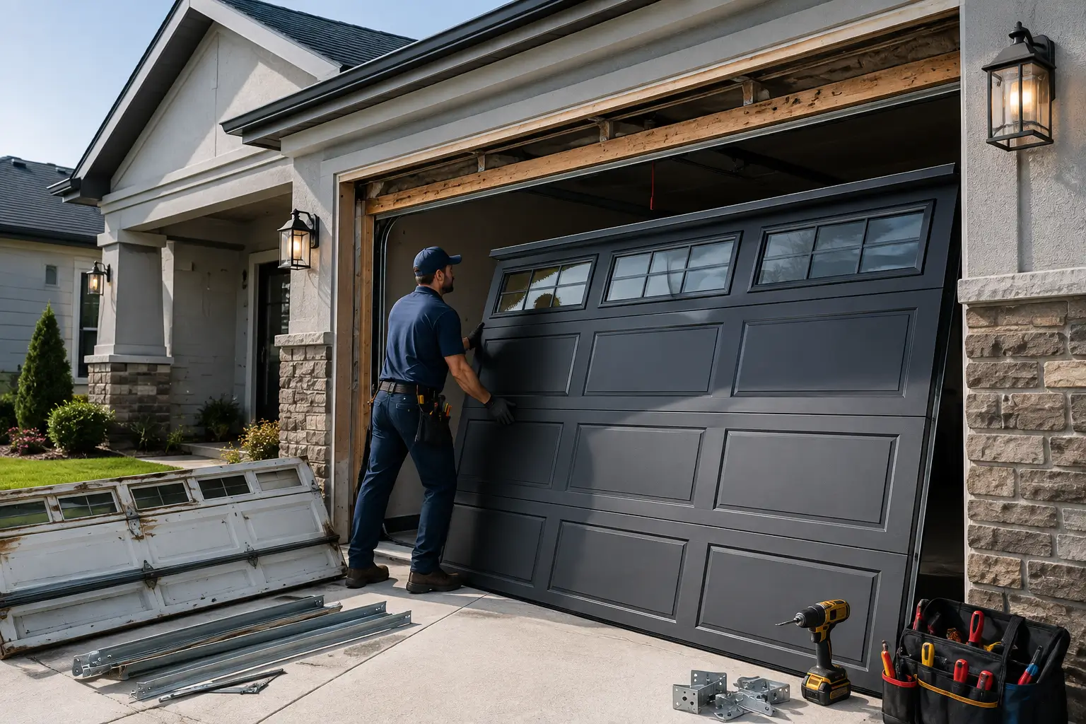 Professional garage door replacement service installing a new residential garage door