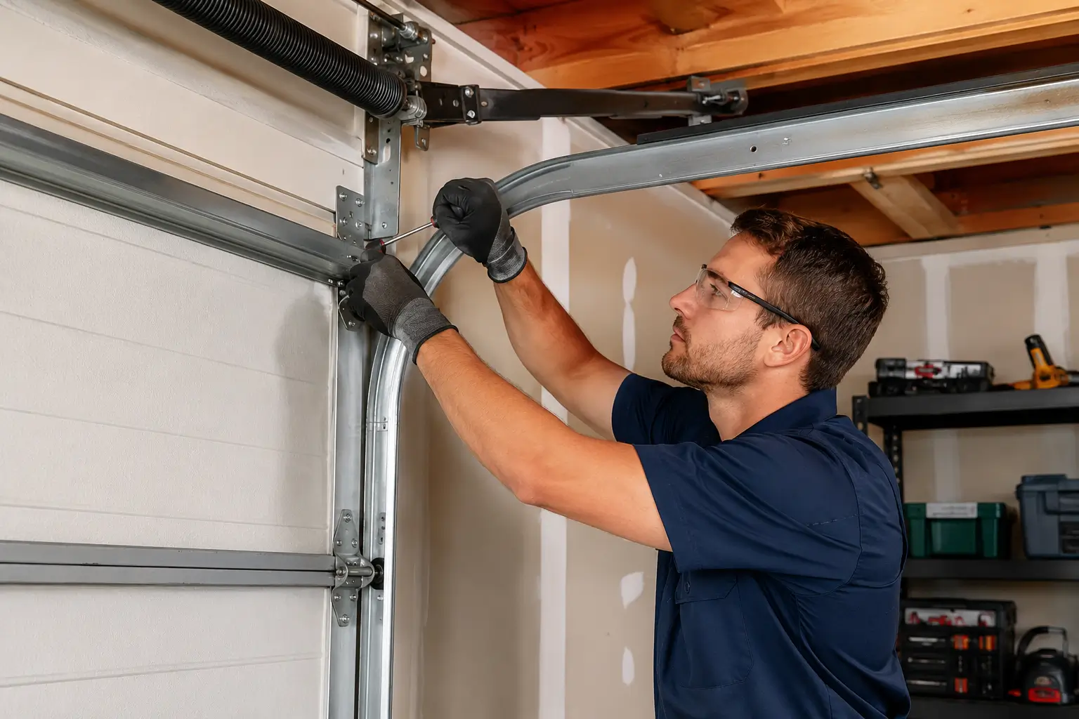 Professional technician repairing garage door components and track